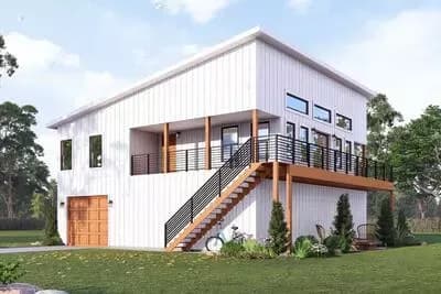 Contemporary Two-Bedroom Barndominium House Plan with Wrap-Around Veranda