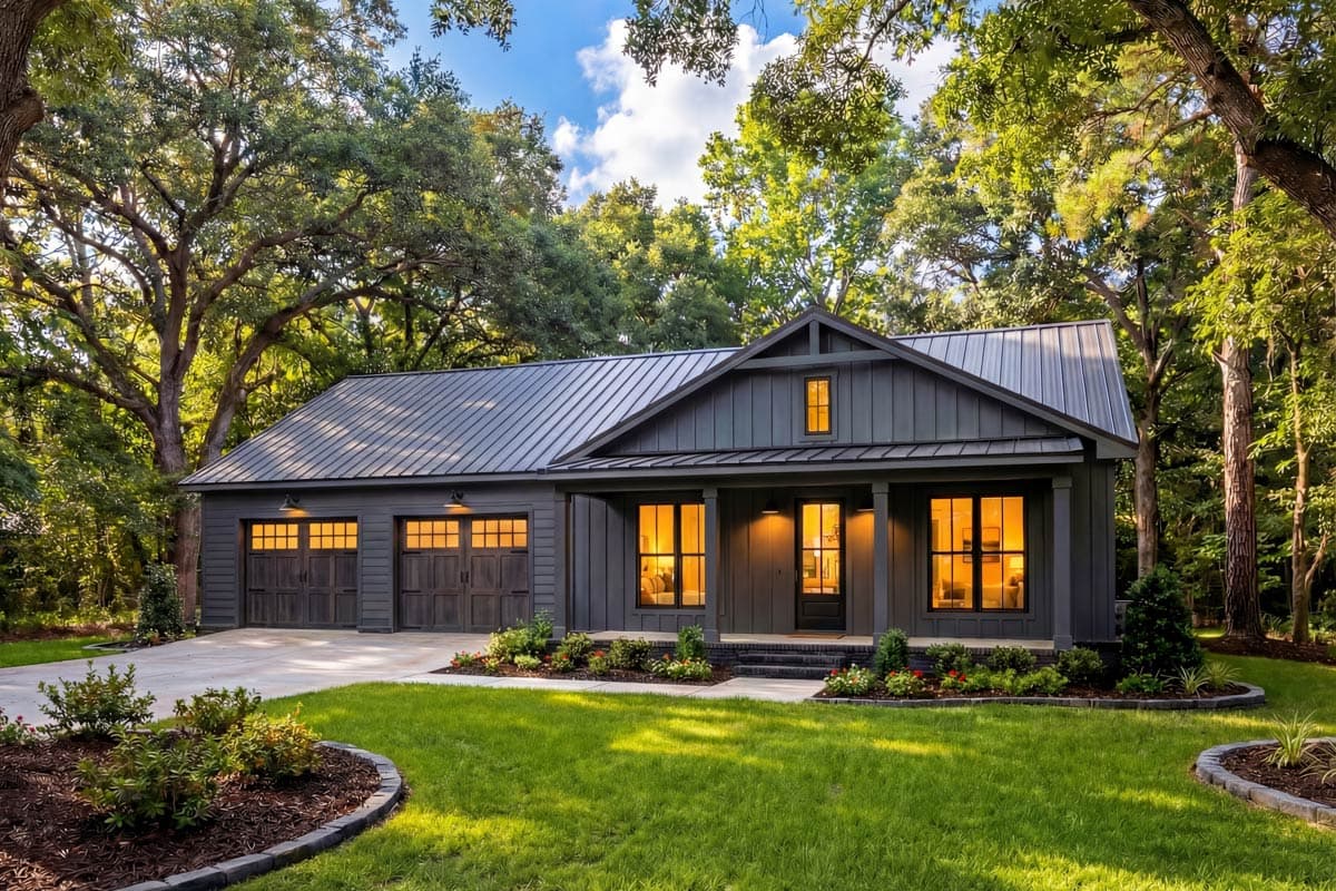 A modern, gray house with a metal roof and a porch, nestled among lush green trees. Warm light shines from the windows and garage.