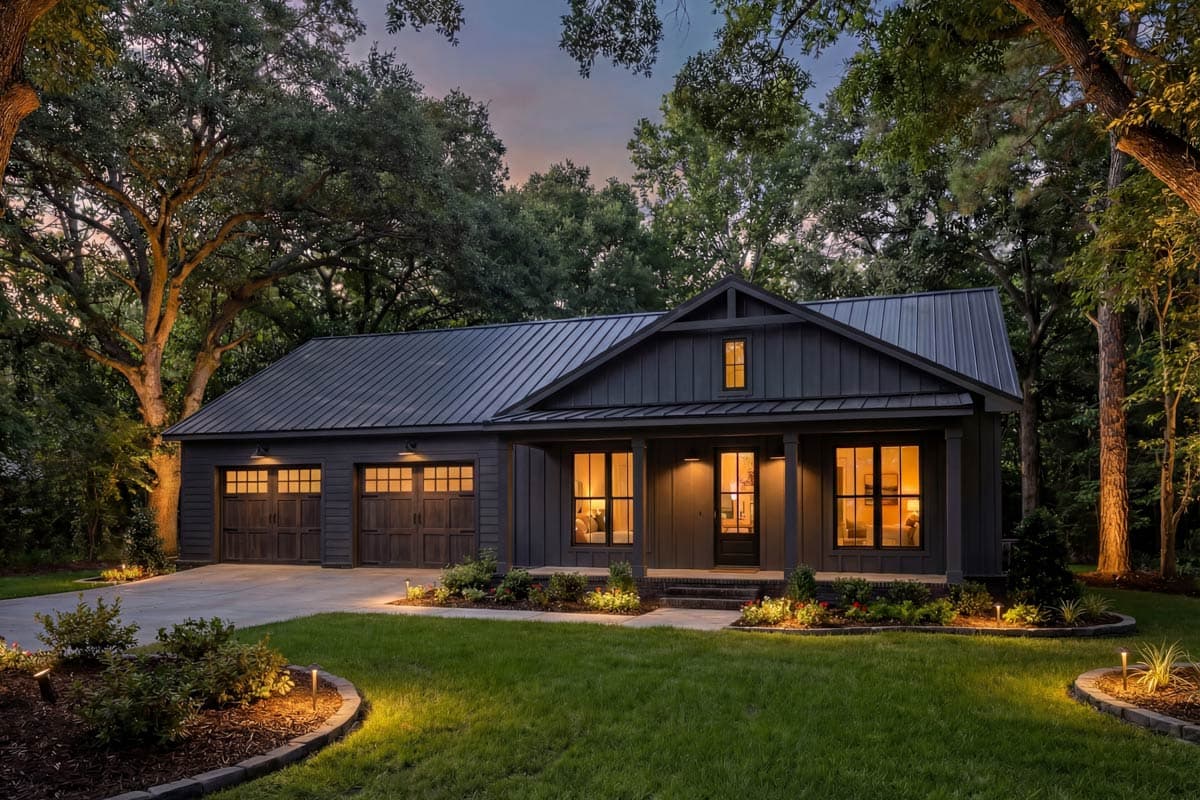A modern, dark-gray house with a metal roof at dusk. The house has a porch, lit windows, and a garage. Landscaping and trees surround the home.