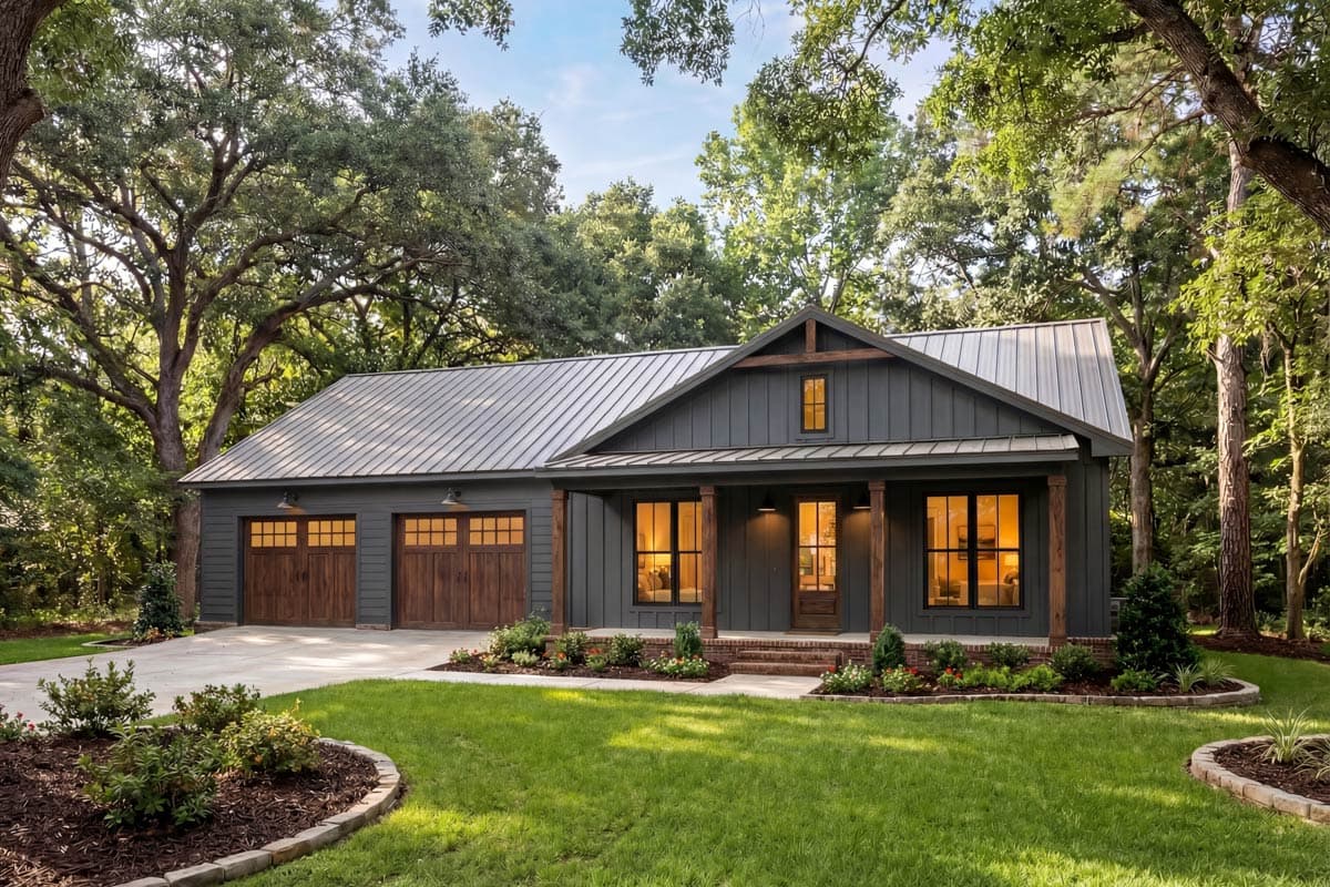 A dark gray farmhouse-style house with a metal roof and wooden accents, surrounded by a lush green lawn and trees in a natural setting.