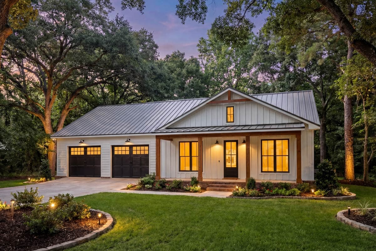 A white, modern farmhouse with black accents, a metal roof, and a lush green lawn. The home's windows glow warmly at dusk, surrounded by trees.