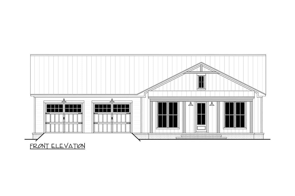 Front elevation architectural drawing of a house with two garage doors and a covered front porch, labeled as front elevation.