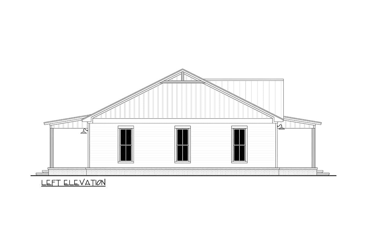 Line drawing of a house's left elevation, featuring a simple gabled roof, three windows, and covered porches on each end.