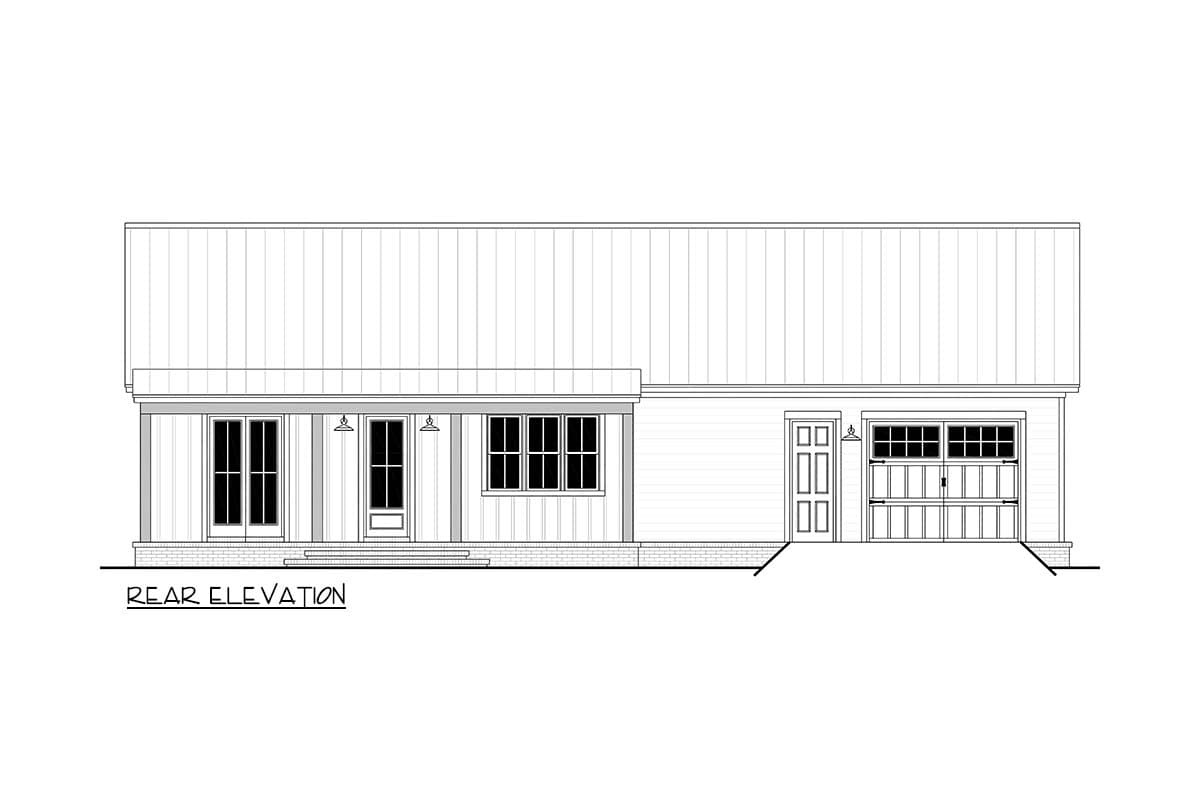 Rear elevation of a house plan, showing the back of the building with doors, windows, and a garage door, all depicted in a line drawing.