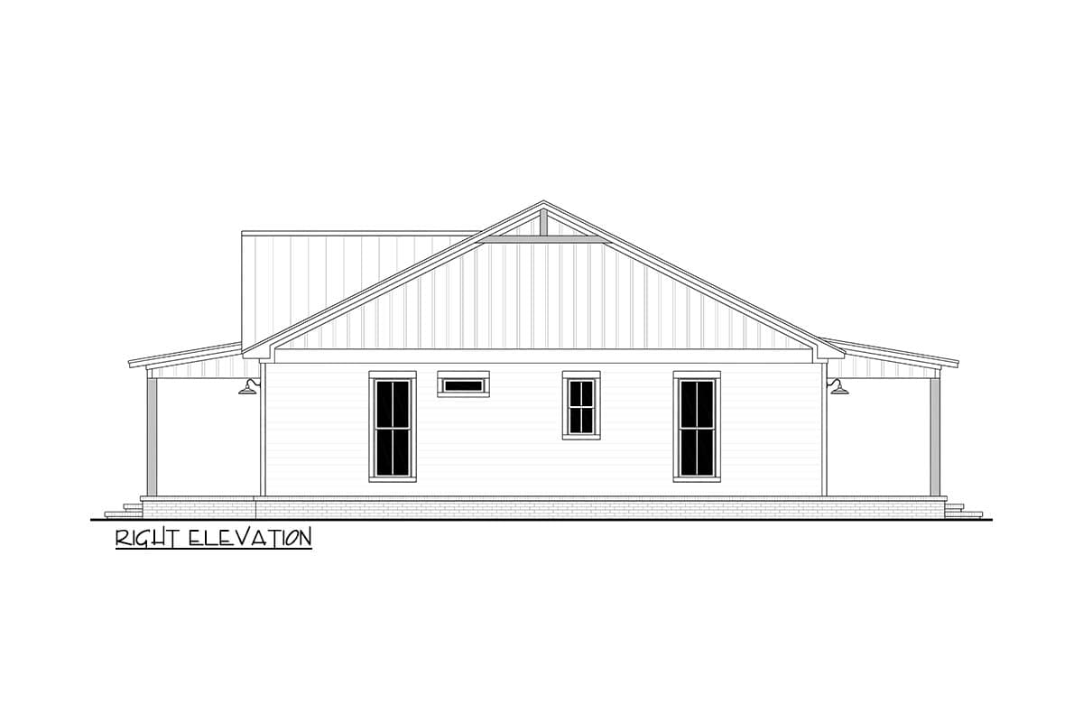 Line drawing of a house's right elevation, with three windows, a small vent, and a sloped roof. The porch overhangs are supported by pillars.