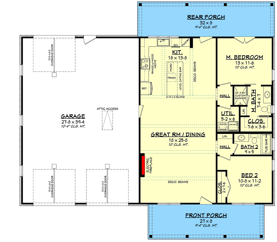 Plan 52028HZ: 1280 Sq Ft Modern Barndominium House Plan with Split Beds and 2-Car Garage - Floor Plan - Main Level - Barndominium, Modern Farmhouse, Traditional