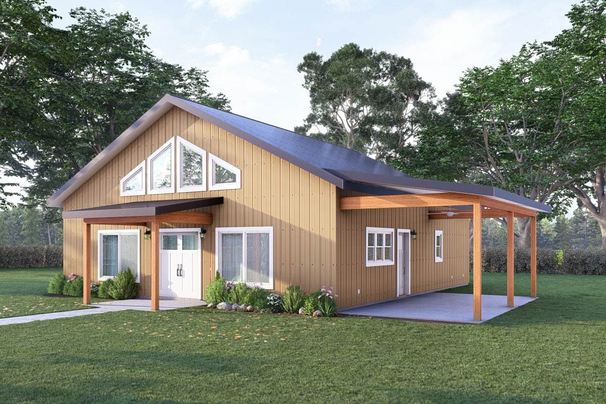 House plan exterior: Modern style, one story with steeply pitched gable roof, triangular attic windows, and covered porch with timber posts.