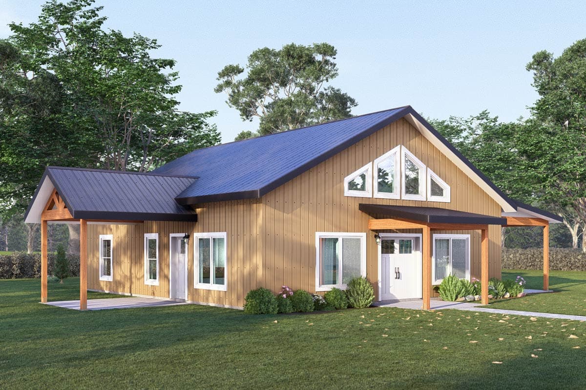 House plan exterior: Modern Farmhouse style, one story, with gabled roof, covered porch, and triangular dormer windows.