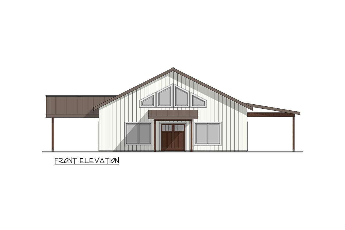 Front elevation drawing of a house with a large gable, board-and-batten siding, covered entrance, and attached carport.