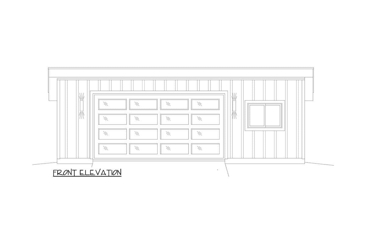 Front elevation drawing of a garage with a glass-paneled door, one window, and two wall sconces.