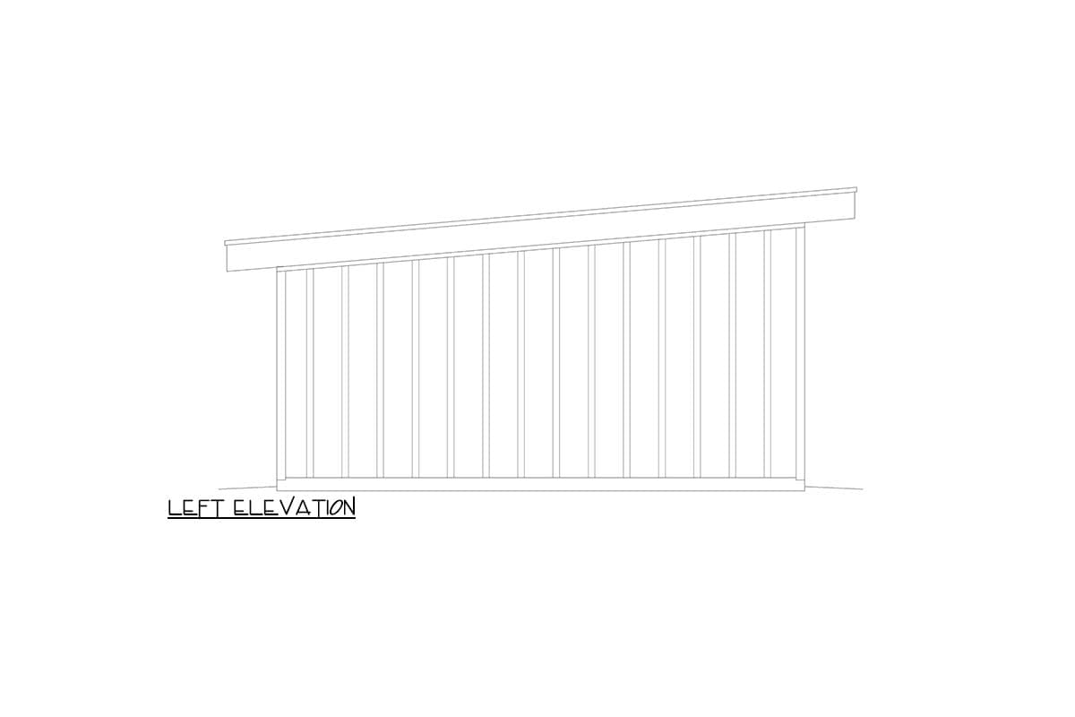 Left elevation drawing of a house plan showing a sloped roofline and vertical siding.