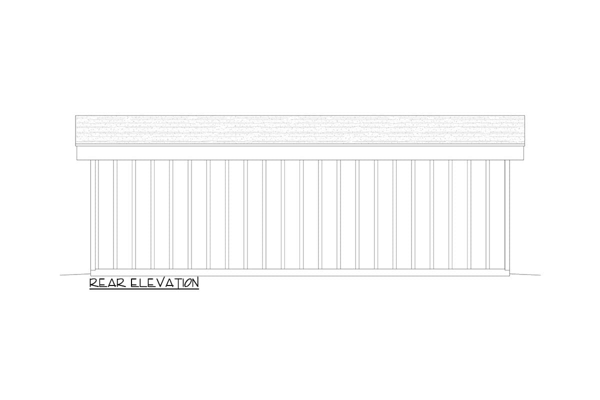 Rear elevation drawing showing a house plan with a pitched roof and vertical siding.