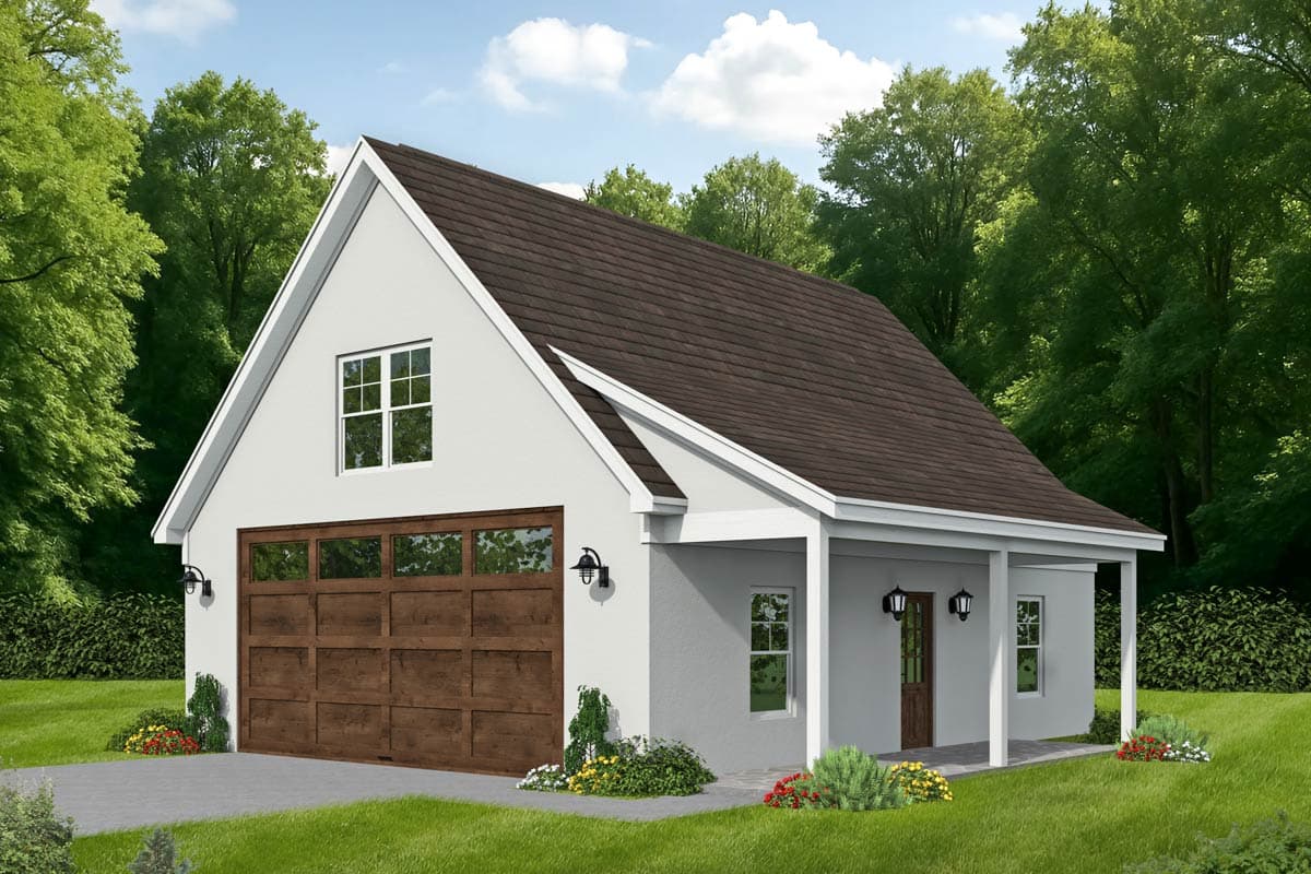 A two-story house with a brown garage door and a covered porch. The building has a white exterior, and a dark brown shingle roof.