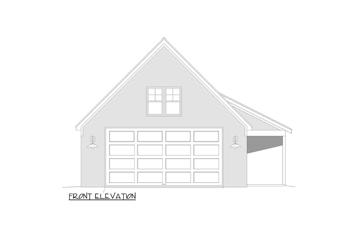 Front elevation drawing of a house plan showing a two-car garage with windows above and a covered side entrance.