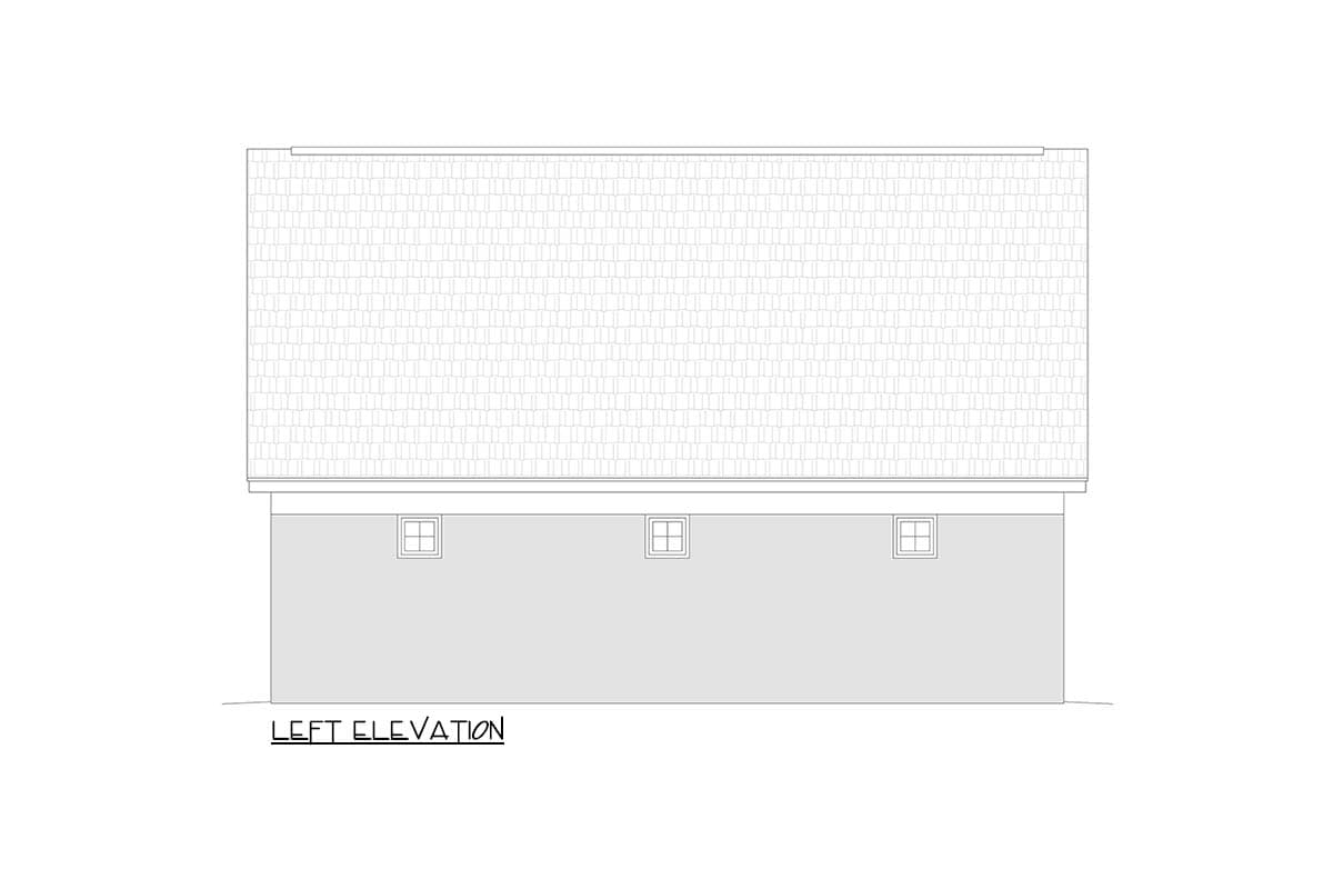 Left elevation of a house plan showing a shingled roof, three small basement windows, and a plain wall.