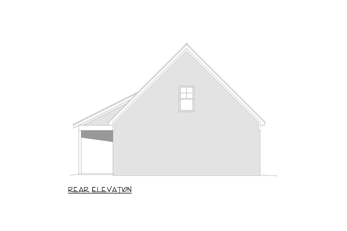Rear elevation drawing of a house plan featuring a gable roof, a single dormer window, and an attached covered porch.