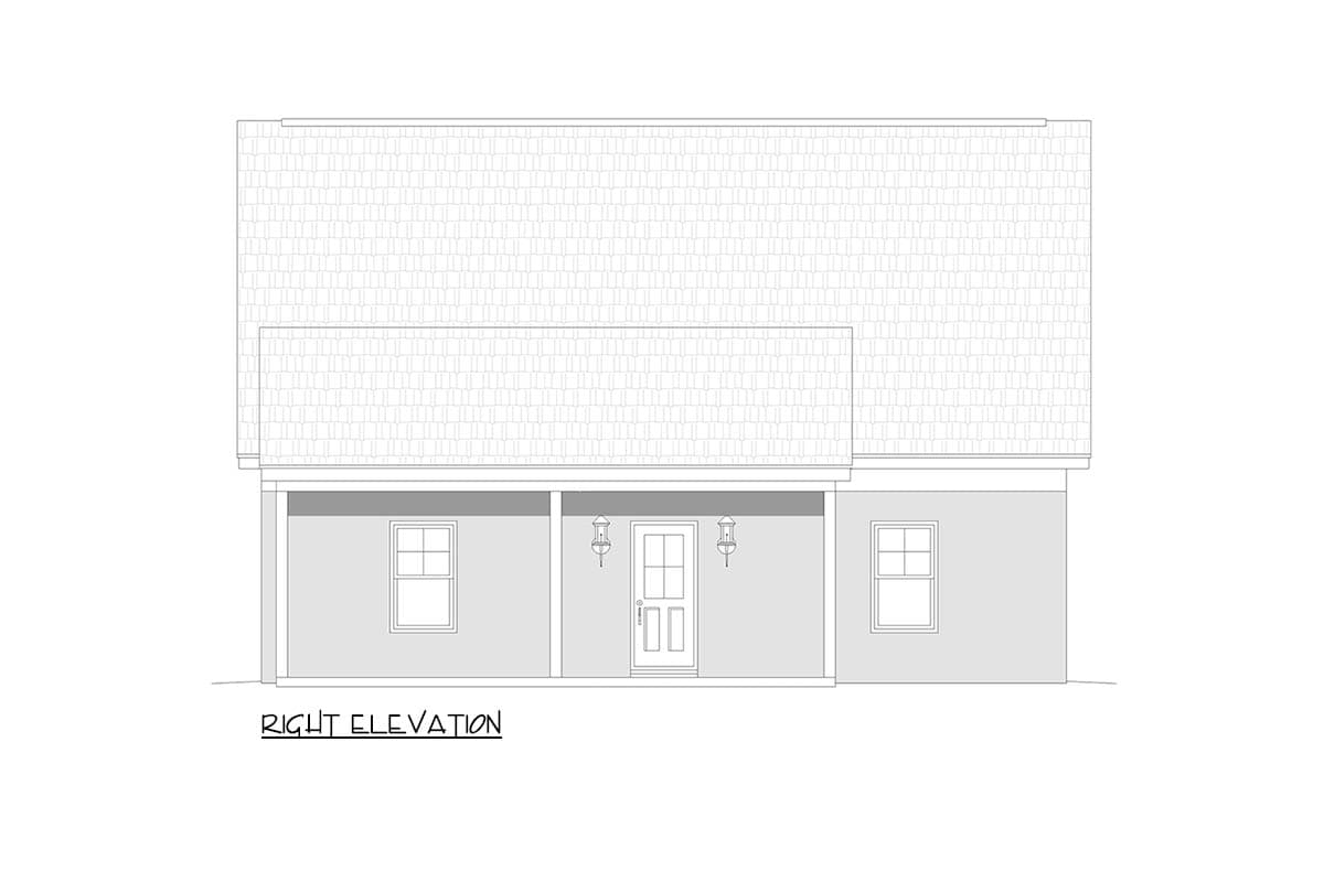 Right elevation drawing of a one-story house plan with a front porch, two windows, and a centered door.