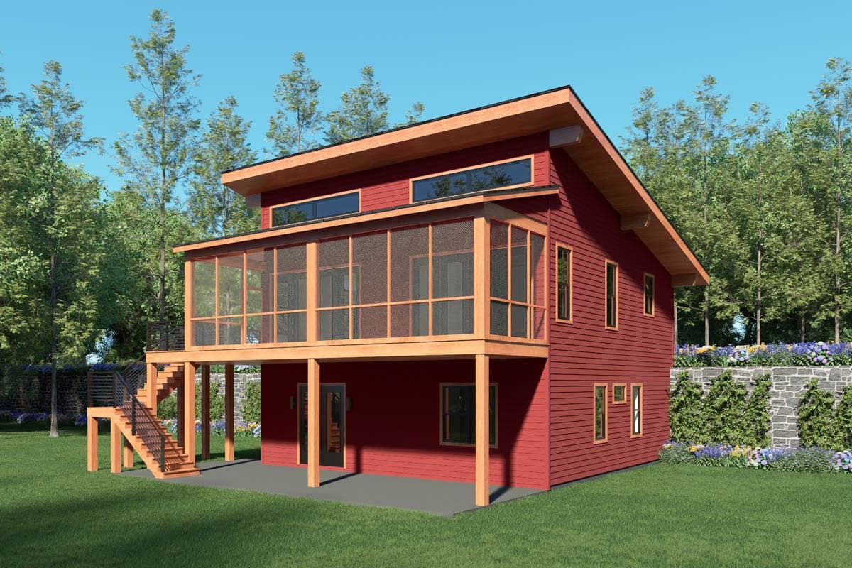Modern house plan exterior: Two-story red home with a screened upper porch, sloped roof, and upper clerestory windows.