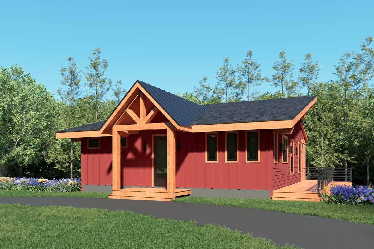 House plan exterior, single-story, red siding, covered porch with exposed rafter tails, and metal roof.
