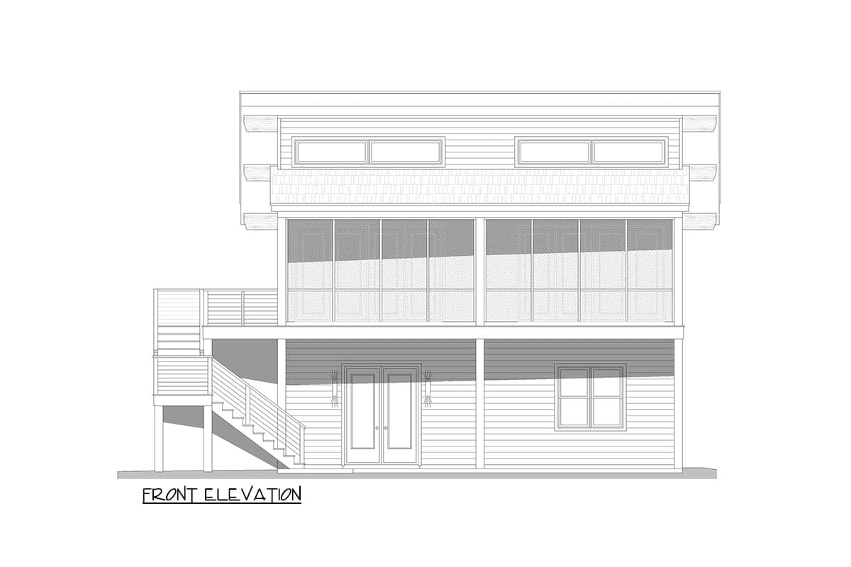 Front elevation drawing of a two-story house with a screened porch, balcony, exterior stairs, and double entry doors.
