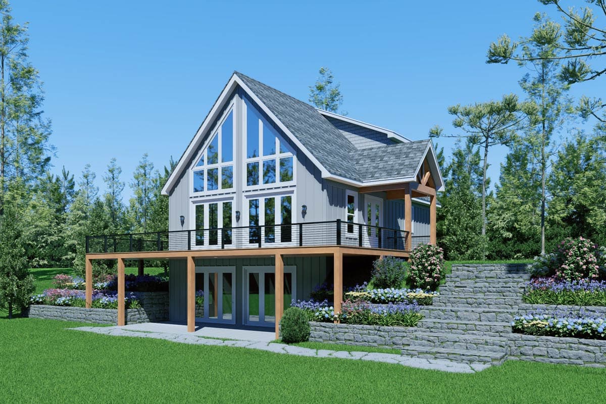 House plan exterior: Modern style, two stories, gable roof, large vertical windows, and wraparound deck.
