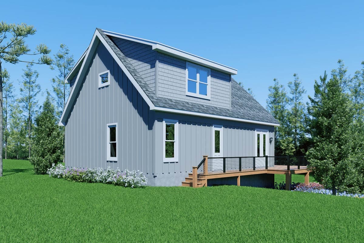 House plan exterior: two-story gambrel roof style with vertical siding, dormer window, and rear deck.