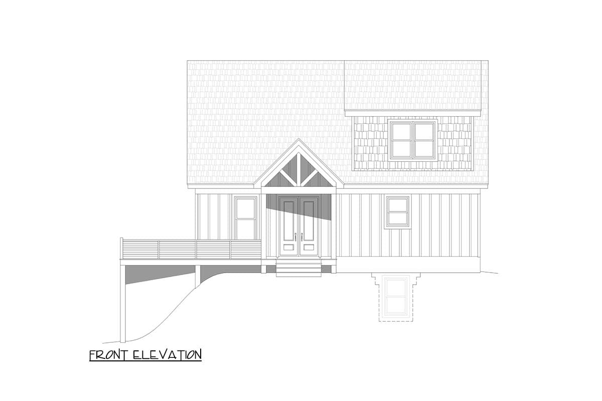 Front elevation house plan showing a two-story home with a covered entry, gabled dormer, and wraparound deck.