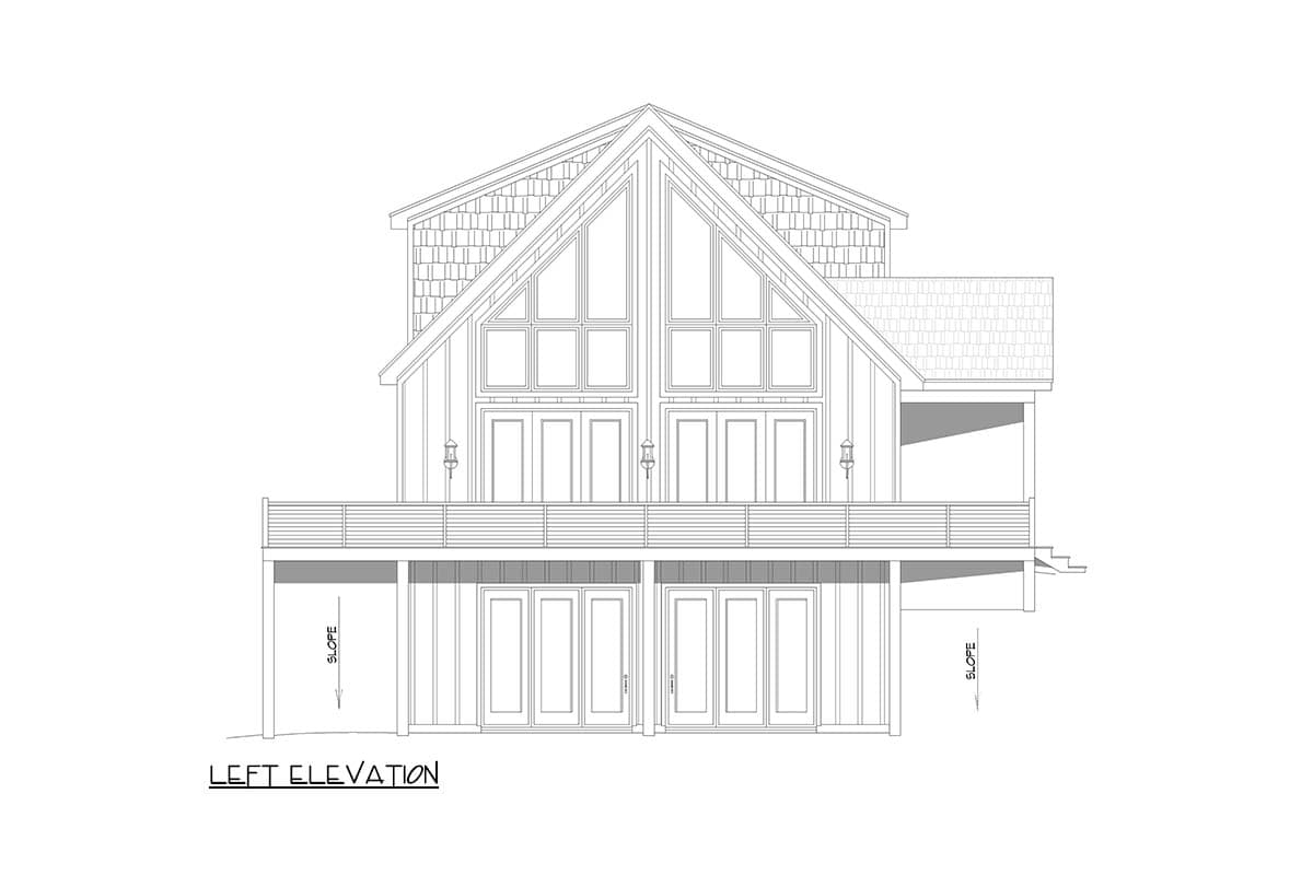 Left elevation house plan: two-story design with gable roof, full-height windows, balcony, and lower-level French doors.