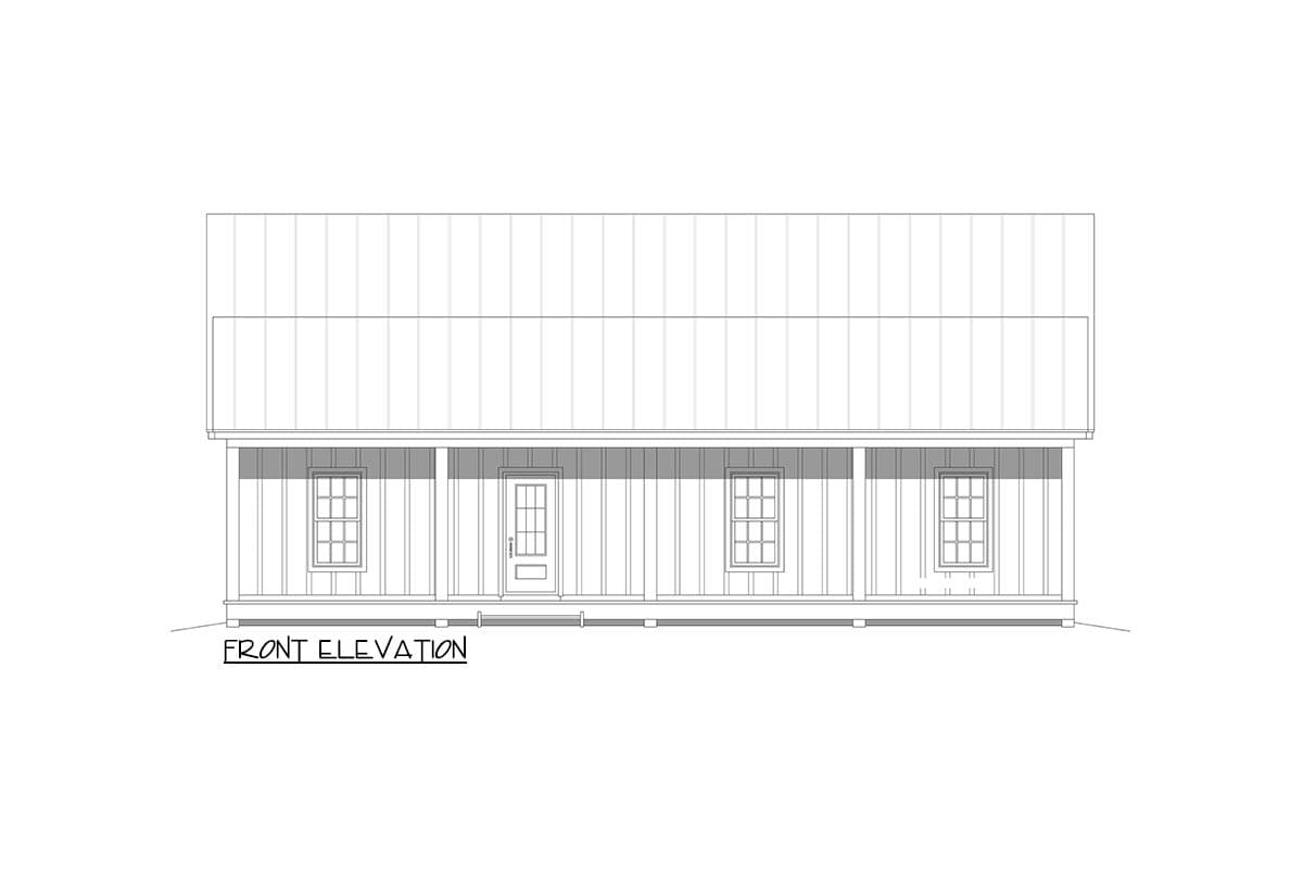 Front elevation drawing of a house plan featuring a wide, covered porch with a central door and four windows.