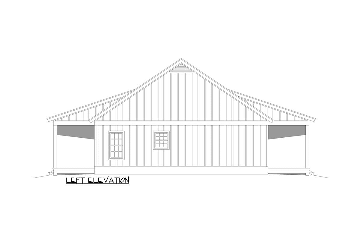 Left elevation drawing of a house plan showing a gable roof, board and batten siding, and covered porches.