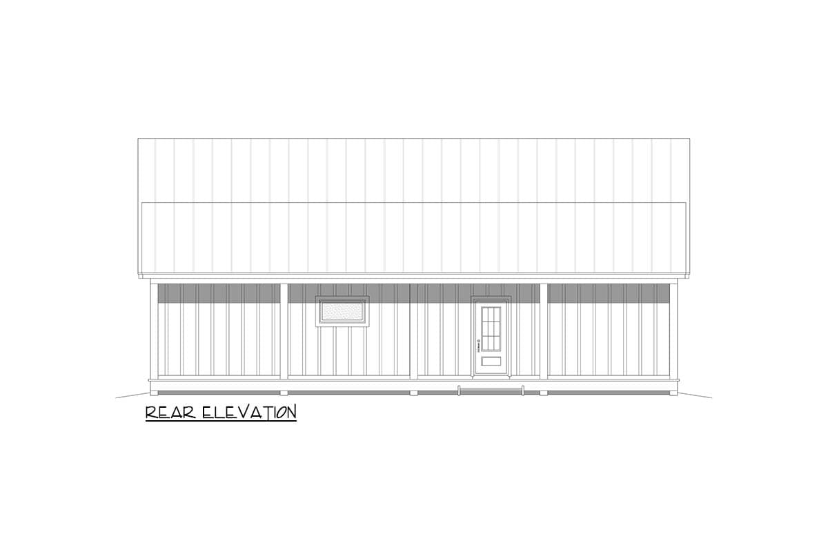 Rear elevation house plan showing a full-width porch, a door, and a small window.
