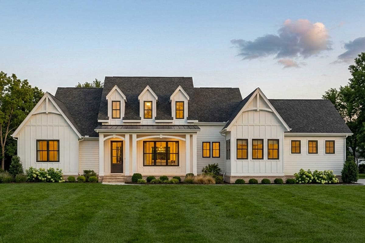A white, modern farmhouse with black-framed windows and a dark gray roof sits on a green lawn beneath a cloudy sky.