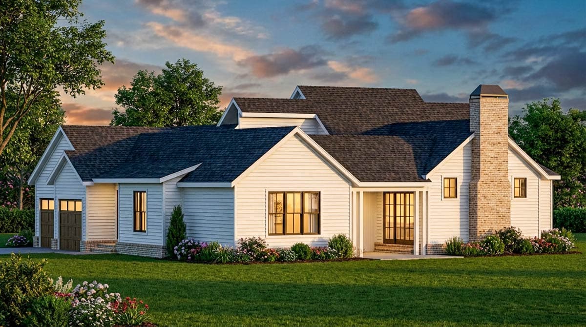 House plan exterior: Modern Farmhouse style, one story, with a brick chimney, gabled dormers, and a two-car garage.