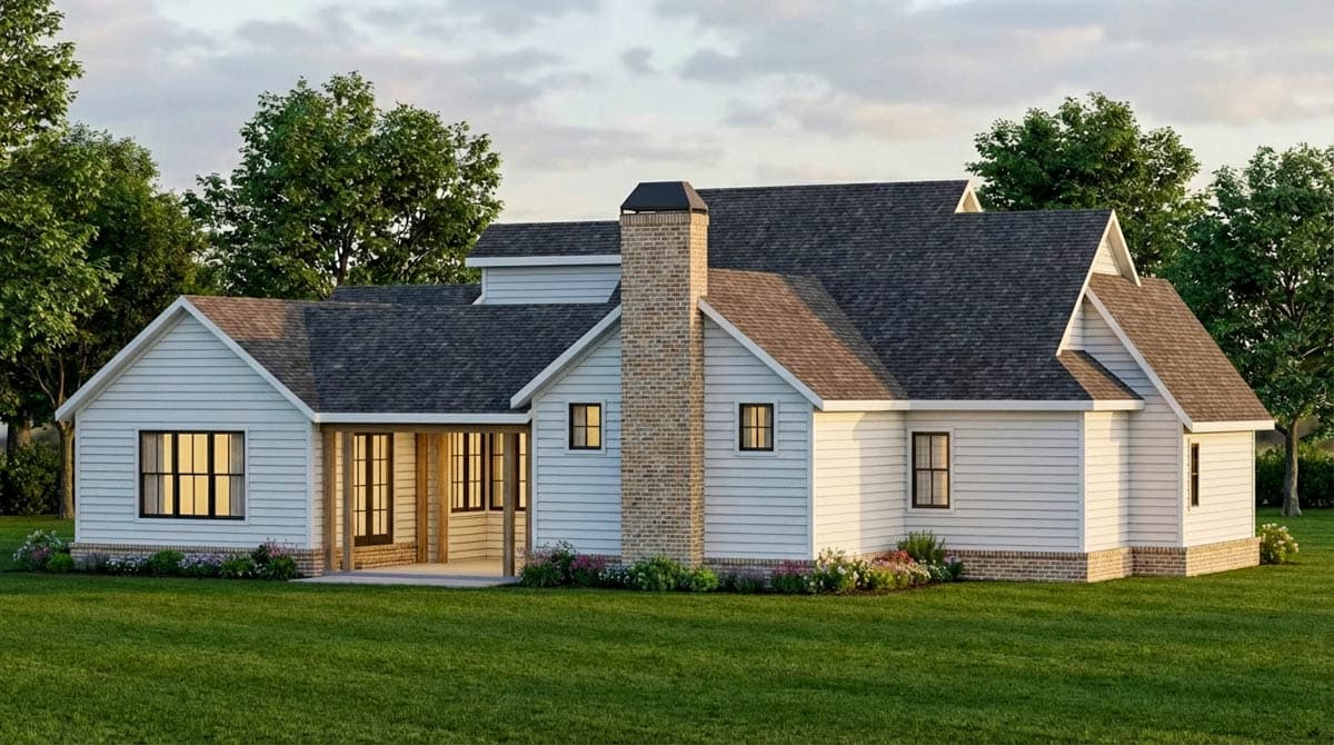 House plan exterior of a one-story Modern Farmhouse with a prominent brick chimney, gabled roofs, and a covered porch.