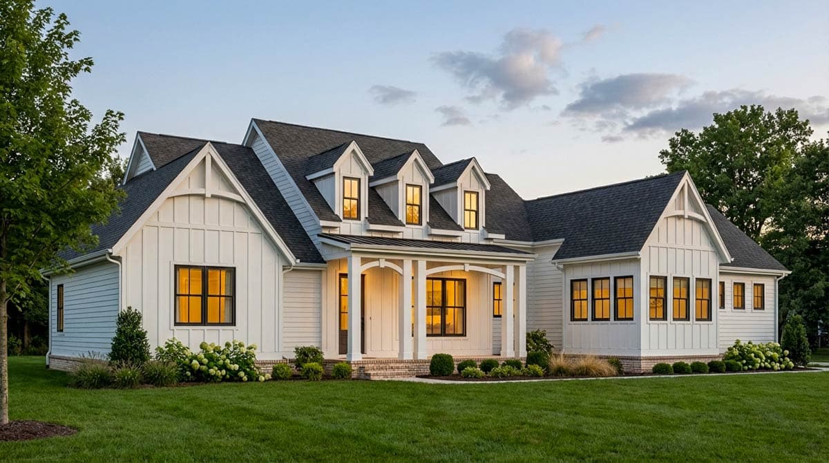 Modern Farmhouse house plan exterior with white vertical siding, gables, multiple dormers, and a covered front porch.