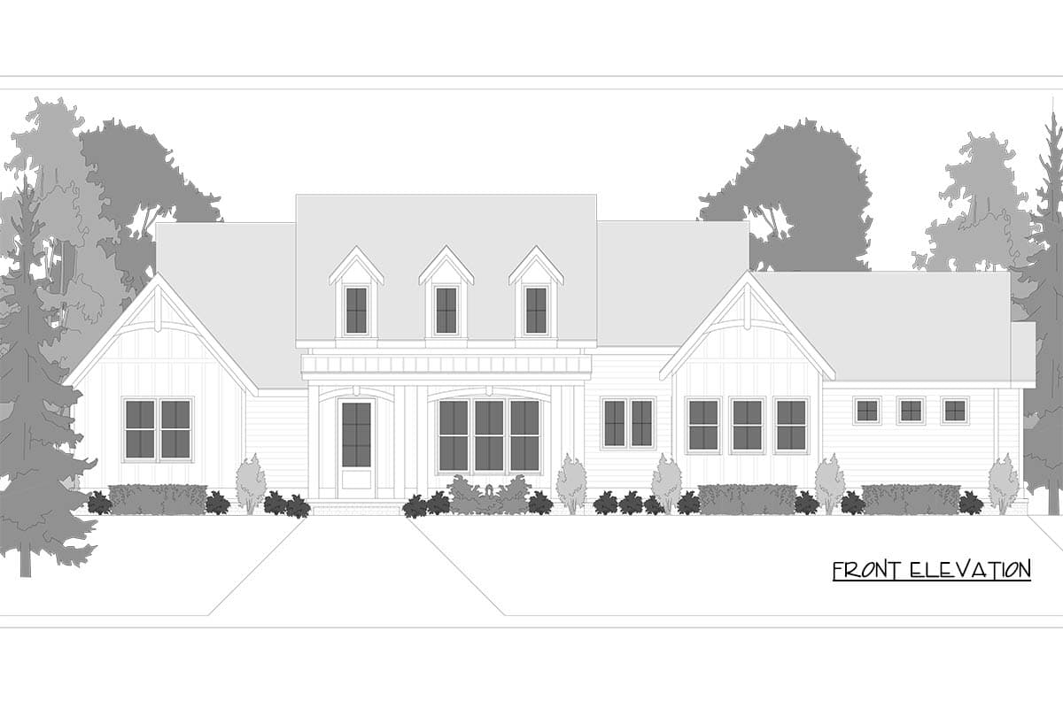 Front elevation house plan with dormers, multiple gables, and a covered entry.
