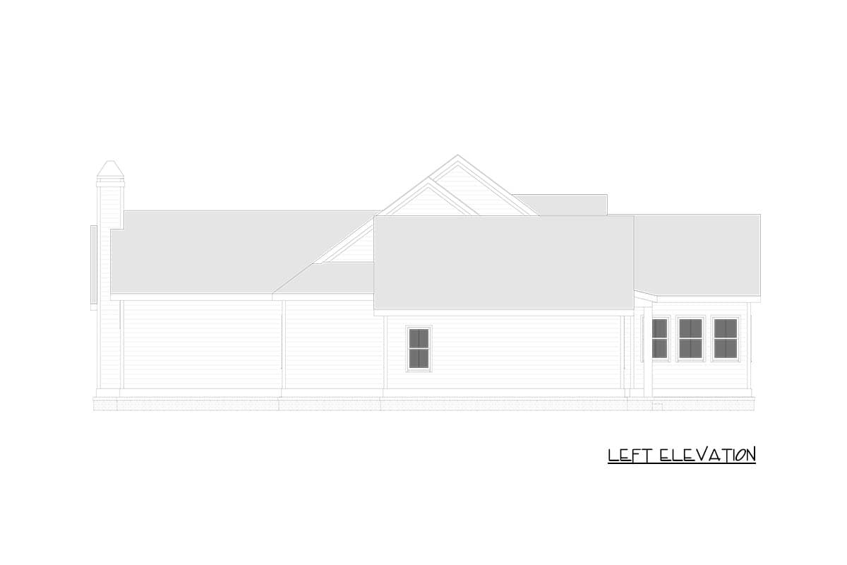 Left elevation house plan drawing showing a single-story structure with a chimney, gabled roof, and multiple windows.