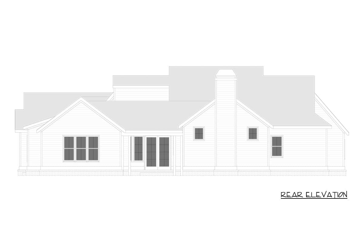 Rear elevation house plan. Single story with gabled roof, chimney, multiple windows, and double doors with sidelights.