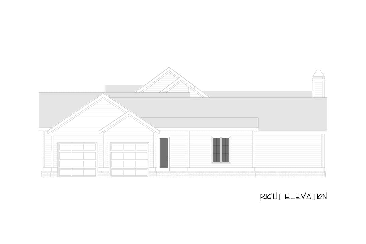 Right elevation drawing of a single-story house plan with a two-car garage, gables, and a prominent roofline.