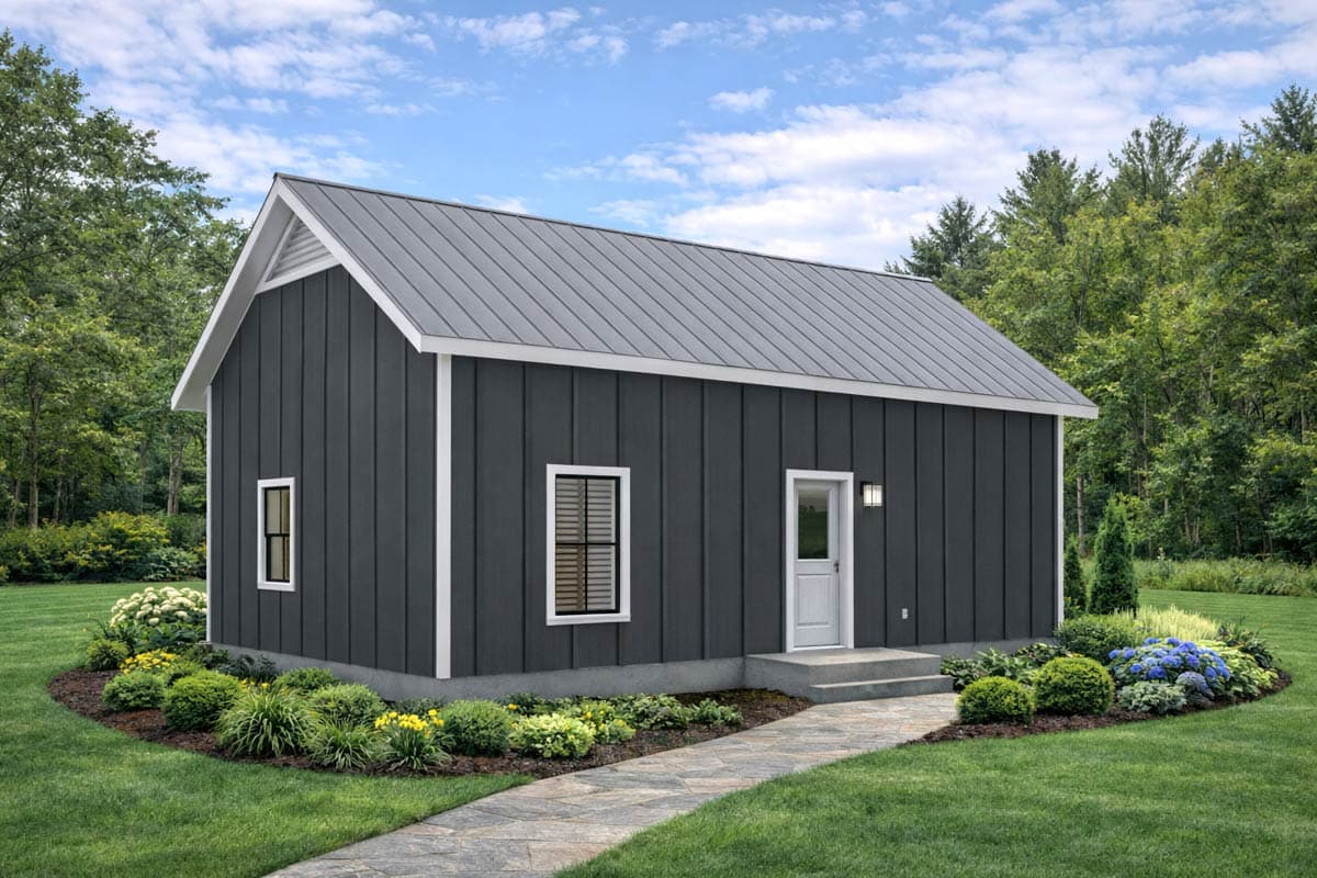 House plan exterior: One-story dwelling with dark vertical siding, gabled roof, two windows, and a front entrance.