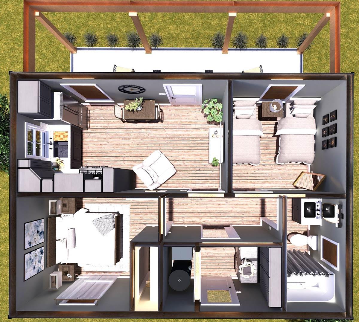Plan 25076DH: Cozy 2-Bedroom Cabin House Plan with Bunk Room and Covered Porch - Image #11 - Cabin, Cottage, Farmhouse