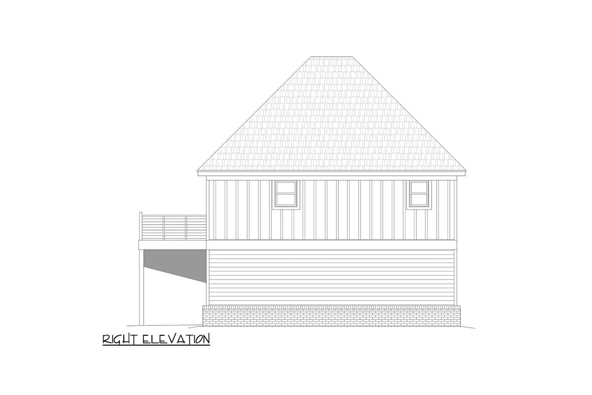 House plan right elevation showing a shingled gable roof, siding, two windows, and a deck over brick foundation.