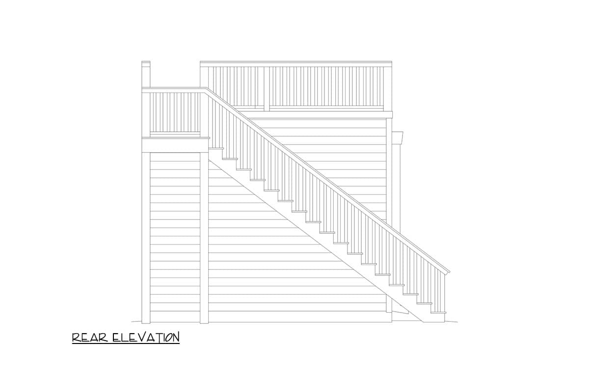 Rear elevation drawing of a house with horizontal siding and a prominent staircase leading to a deck with railings.