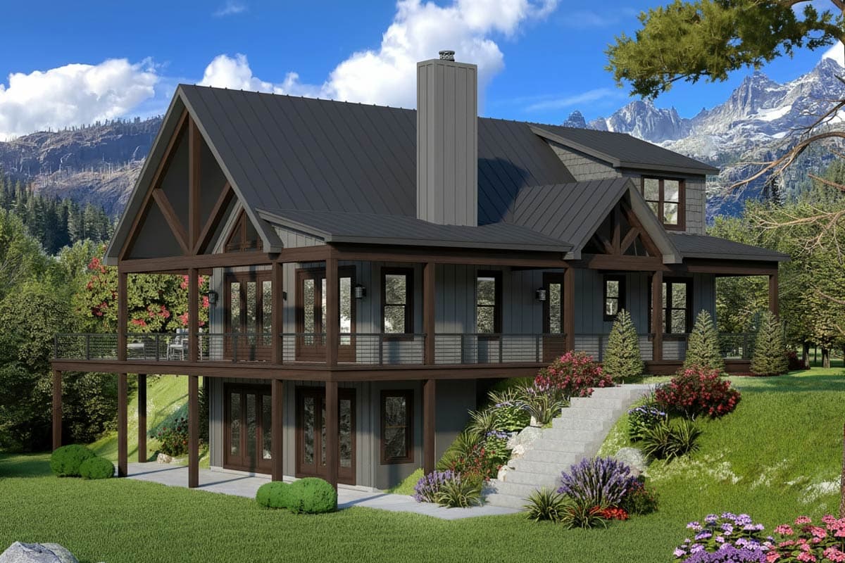 Plan image - 680655VR:5 Bedroom Mountain Contemporary House Plan with Wraparound Porch and Walkout