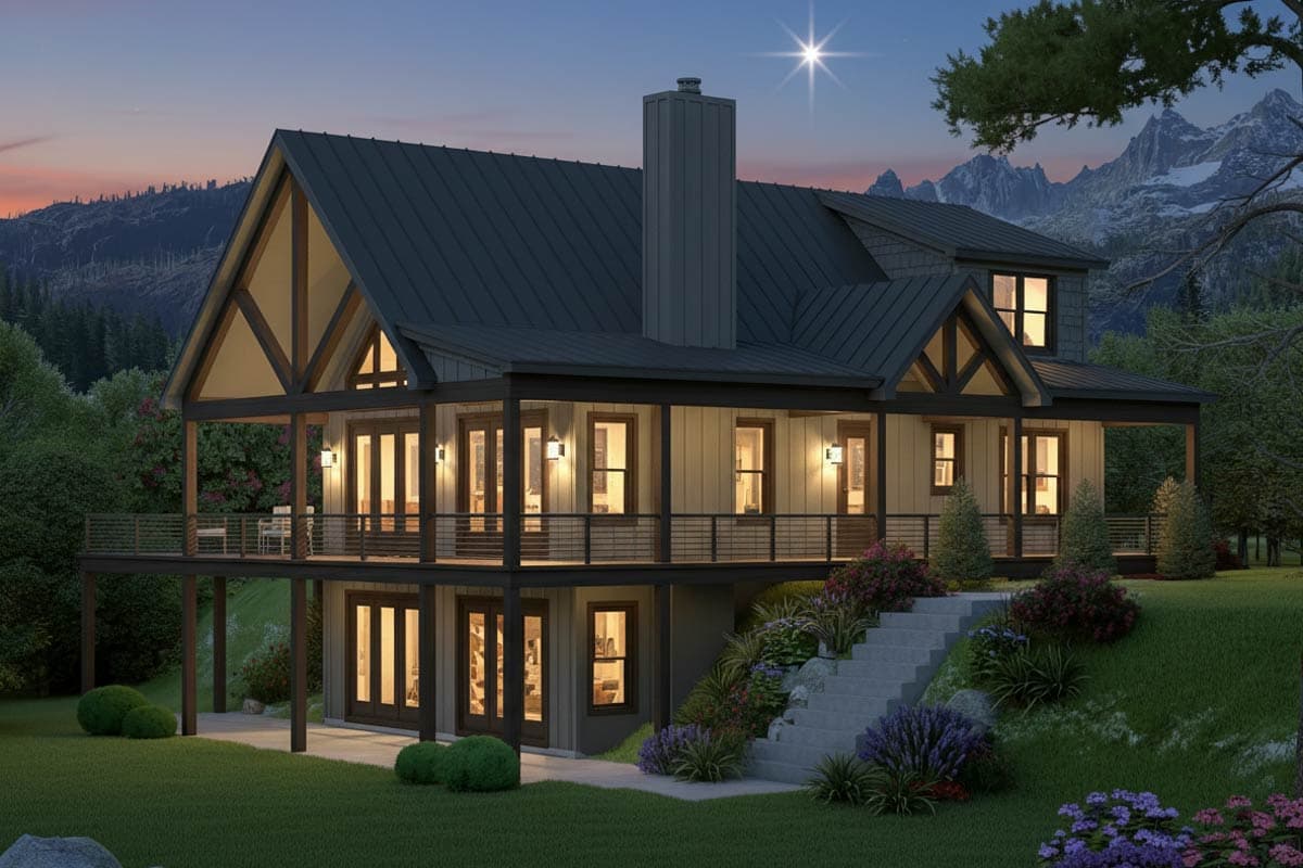 Plan 680655VR: 5 Bedroom Mountain Contemporary House Plan with Wraparound Porch and Walkout - Image #2 - Contemporary, Mountain, Vacation
