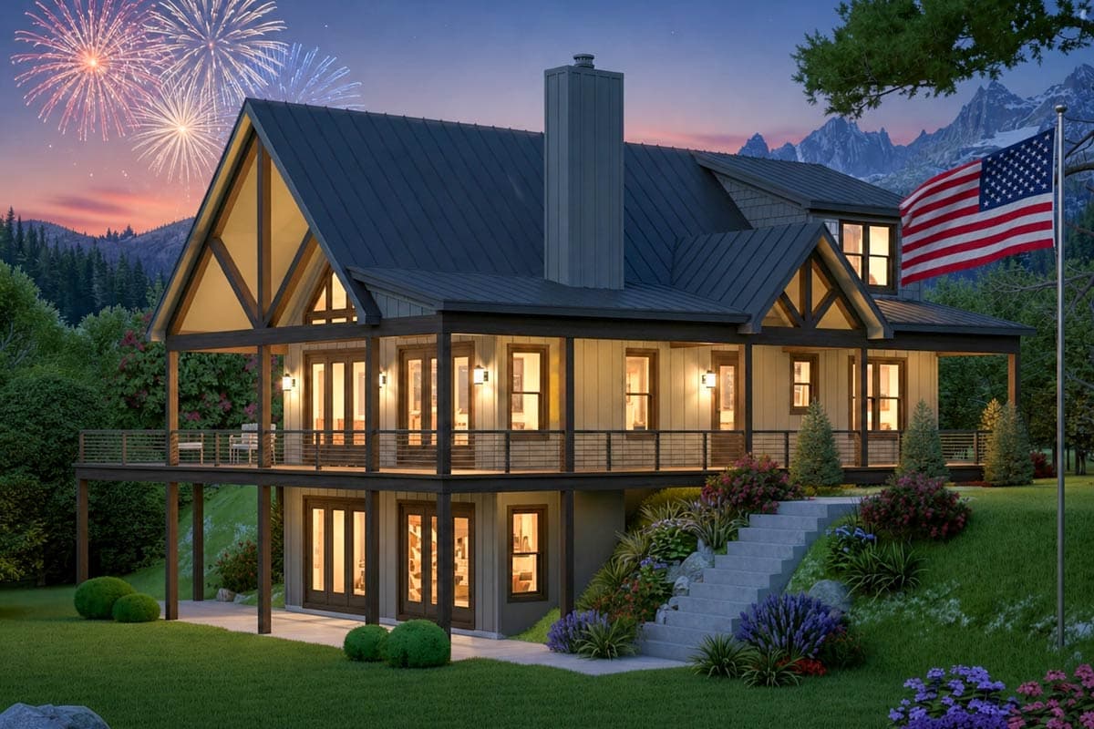 Plan image - 680655VR:5 Bedroom Mountain Contemporary House Plan with Wraparound Porch and Walkout