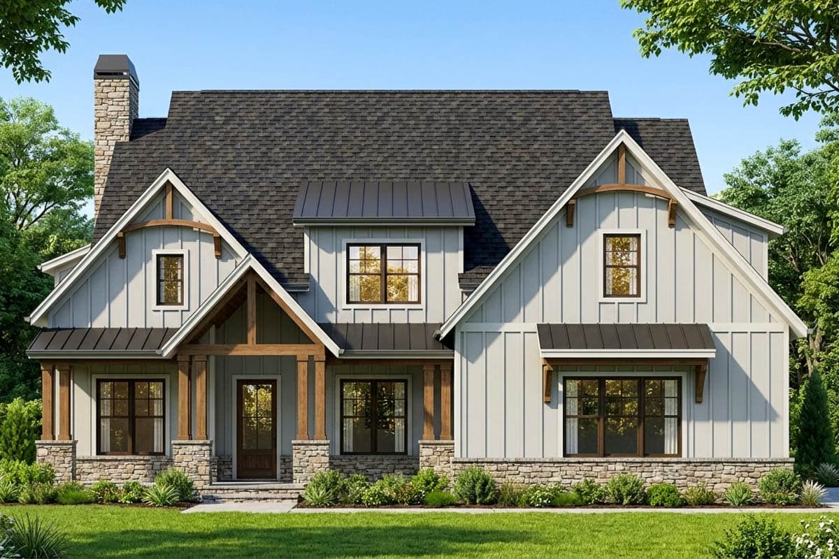 A modern farmhouse with a gray exterior, stone accents, and a dark shingle roof. The home features a welcoming front porch and manicured lawn.