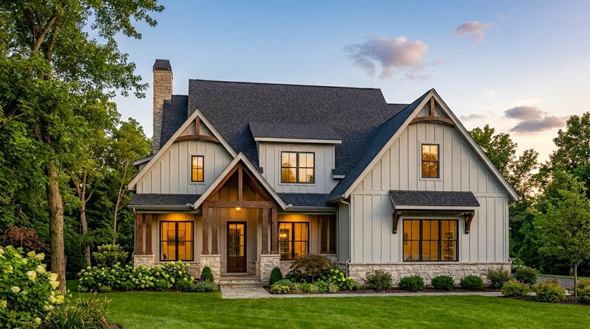 Modern Farmhouse exterior: two stories, board and batten siding, stone foundation, gables, and covered entry.