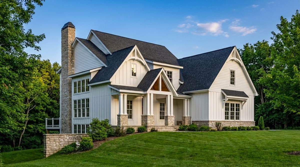 Modern Farmhouse style house plan exterior with stone chimney, gabled dormers, covered porch, and board-and-batten siding.