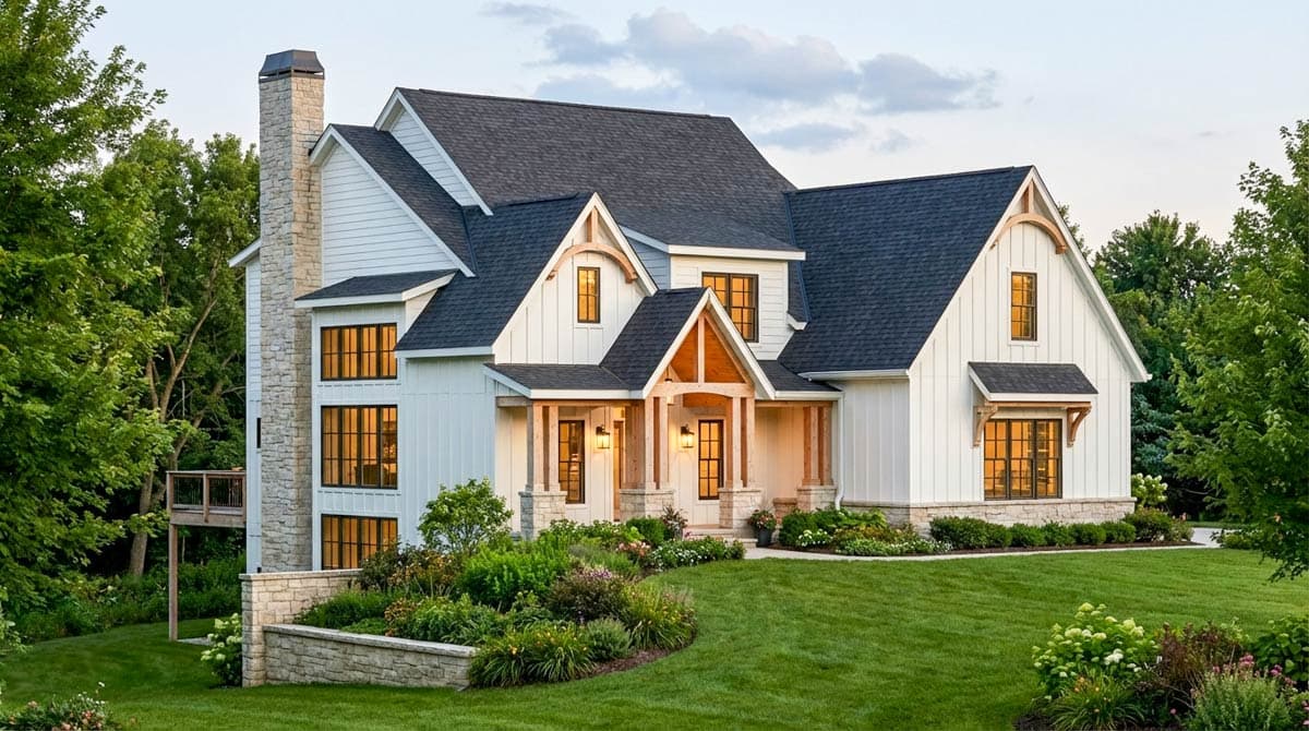 Modern Farmhouse house plan exterior with prominent stone chimney, wood accents on gables, and covered entry.
